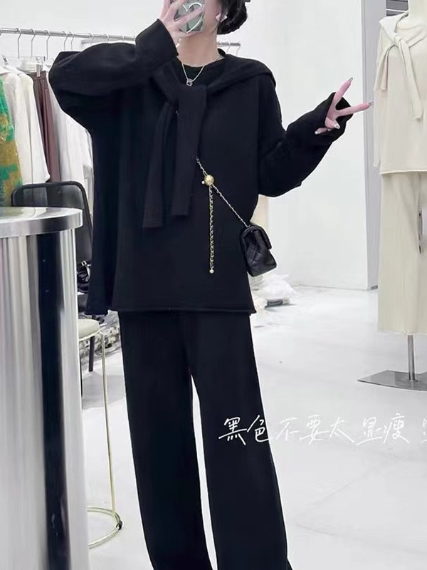 秋冬新款针织上衣+披肩+阔腿裤三件套气质休闲宽松慵懒毛衣女套装|undefined