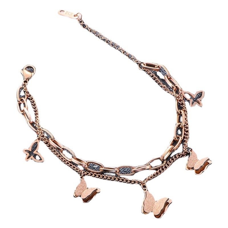 De Acero de titanio de 18K de oro rosa de la mariposa de doble capa pulsera femenina estilo coreano personalidad simple ins nicho de diseño novias hermanas cadena