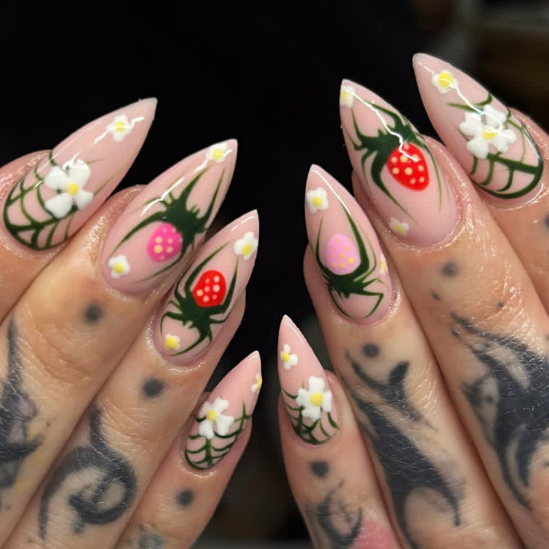 Cross-Border Wearable Halloween Nail Tips, Strawberry Spider Long Pointed Nails, Spider Web Flower Press-On Fake Nails Cross-Border Wearable Halloween Nail Tips, Strawberry Spider Long Pointed Nails, Spider Web Flower Press-On Fake Nails