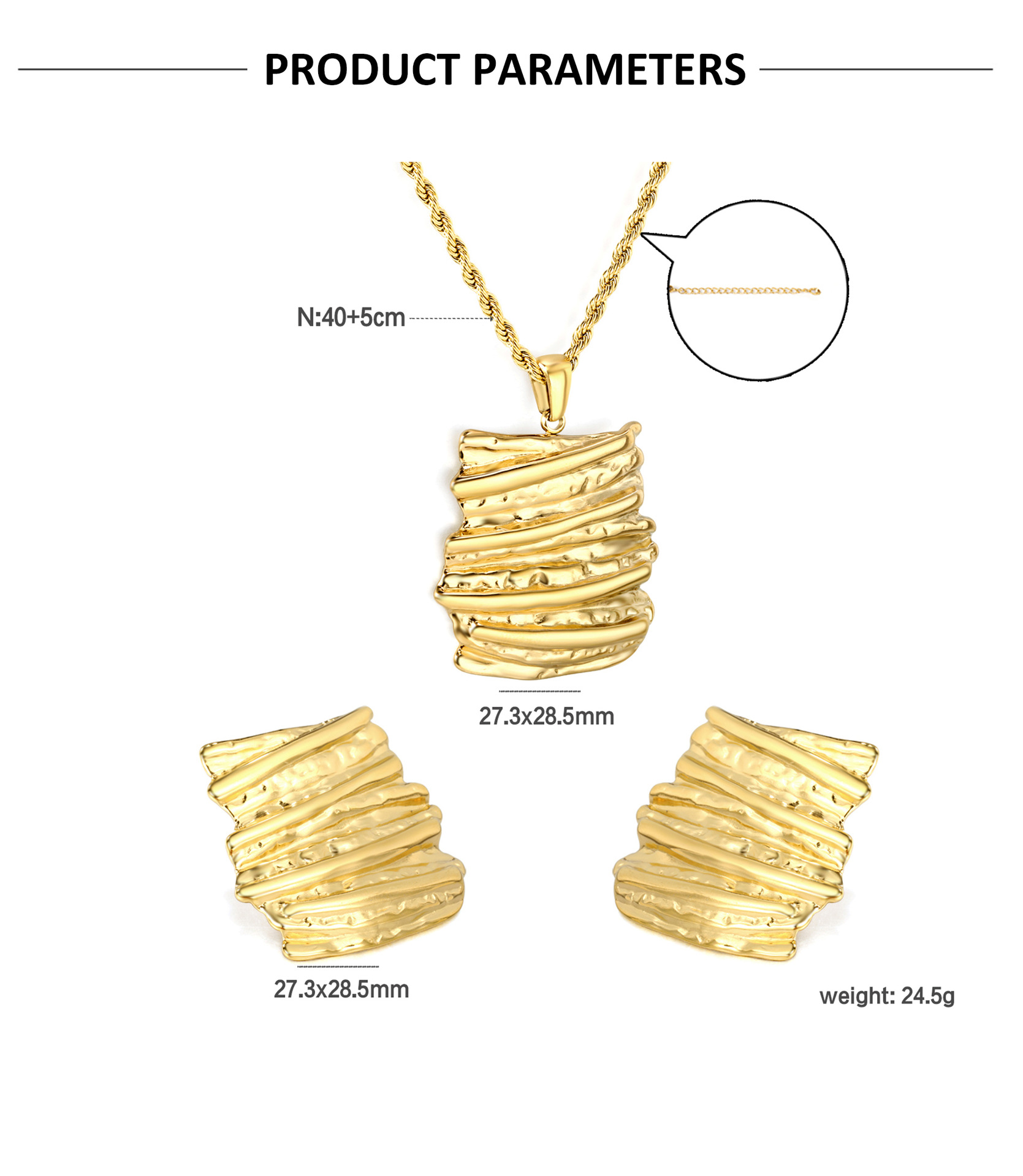 28g Weight Wholesale Jewelry Elegant Vintage Style Irregular Bark 304 Stainless Steel Plating Twisted Rope Chain Earrings Necklace Jewelry Set