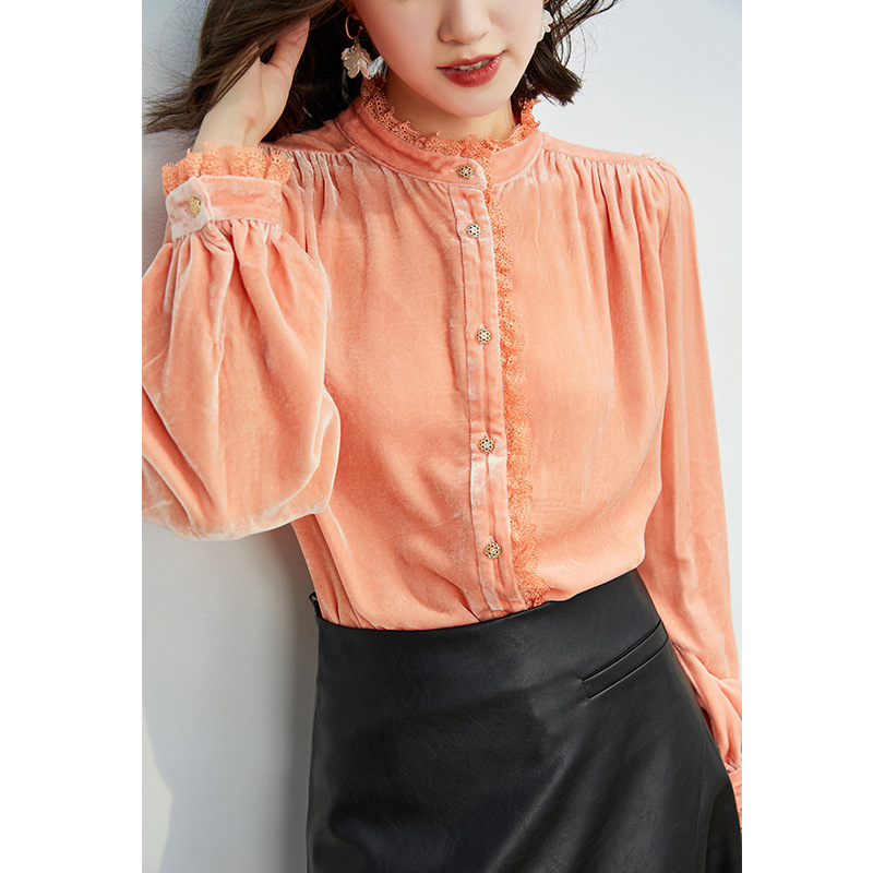 European Products Collection's Luxurious Pearl Luster Silk Velvet Shirt 2026 New French-Style Patchwork Lace Shirt