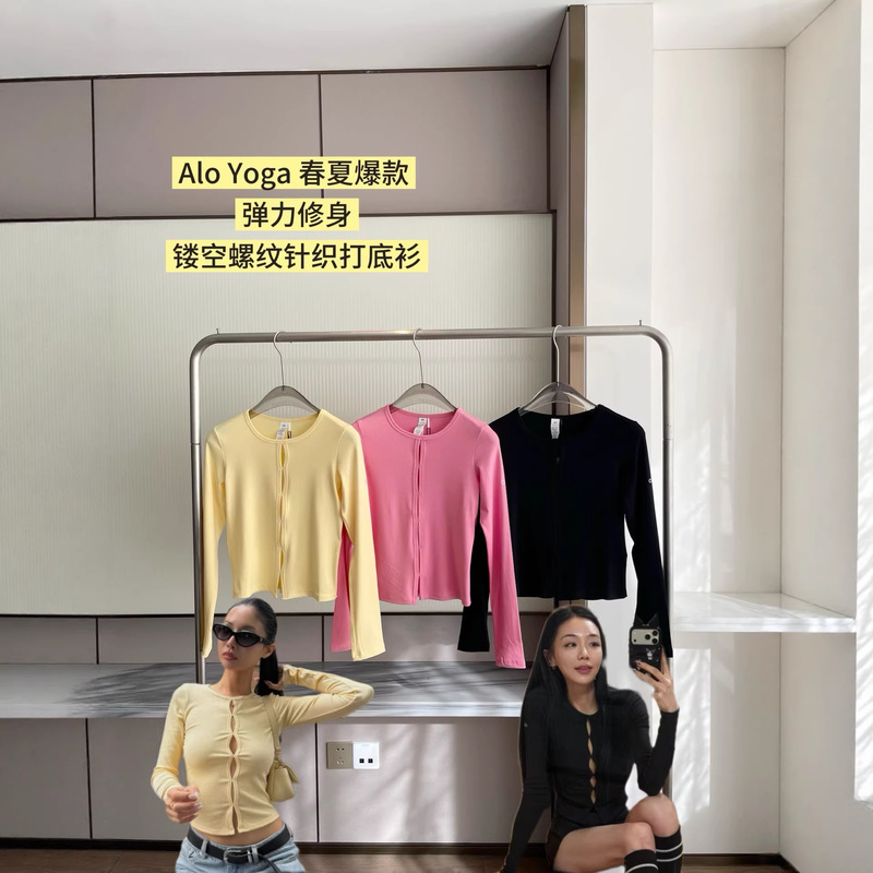 26 Spring Alo Hollow-Out Ribbed Knit Long Sleeve Top Yoga Running Sports Casual Slim Fit Base Shirt