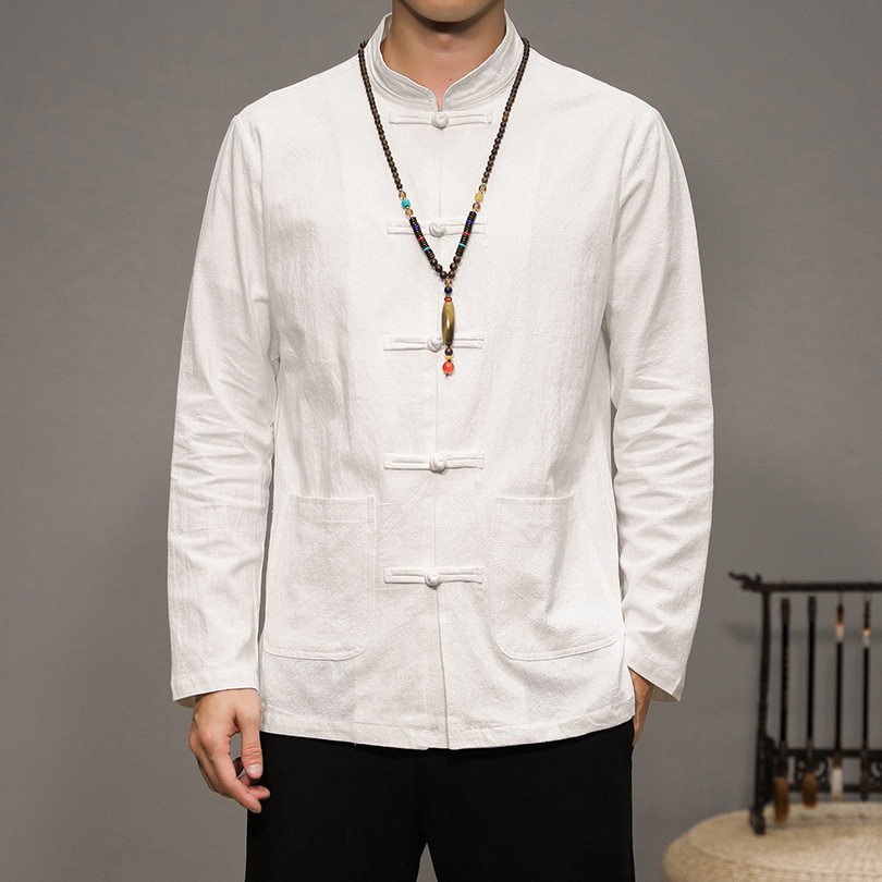 Camisa de lino de la marca de moda de los hombres traje de Tang retro camisa de manga larga de color sólido todo fósforo de algodón y lino superior estilo chino mejorado Hanfu