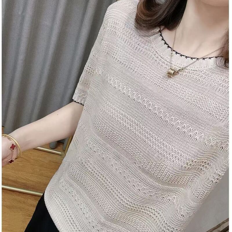 [Cashmere Family] Women's Hollow-Out Ice Silk Knitted Short-Sleeve T-Shirt Thin Knitwear for Summer