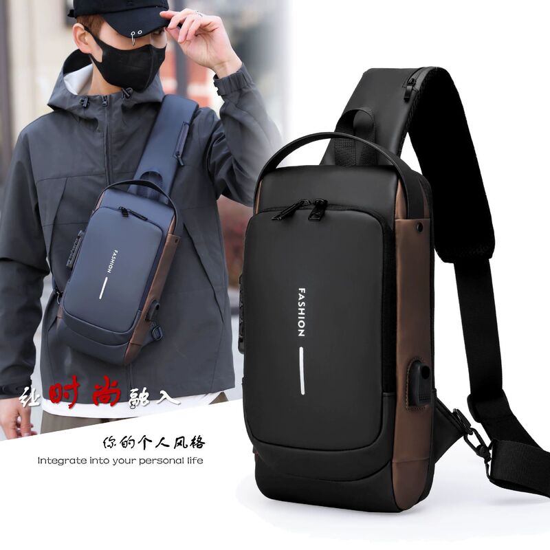 Fashionable Chest Bag with USB Charging, Men's Single-Shoulder Crossbody Bag, Casual Multi-Functional Waist Bag, Anti-Theft, Waterproof, Lightweight Backpack