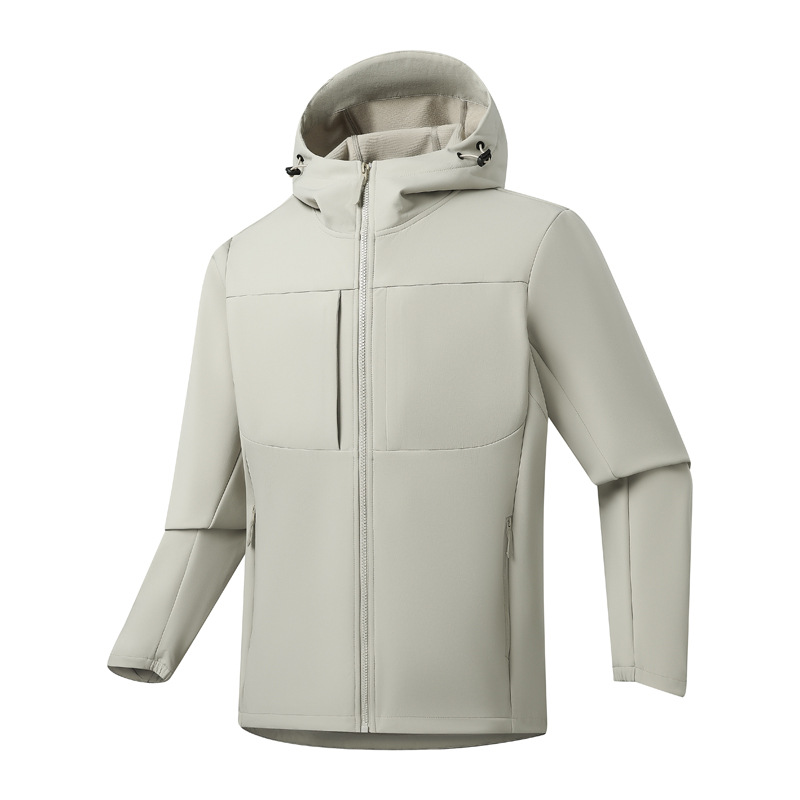 Men's softshell jacket with fleece lining, windproof, waterproof, breathable, and warm for winter travel, camping, and hiking. Wholesale supply available