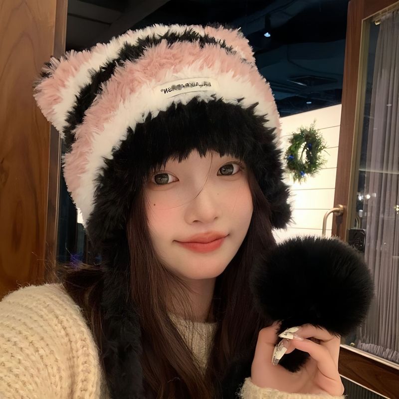 韩版冬季帽子女条纹针织帽毛绒护耳毛线帽保暖百搭可当包包雷锋帽|undefined