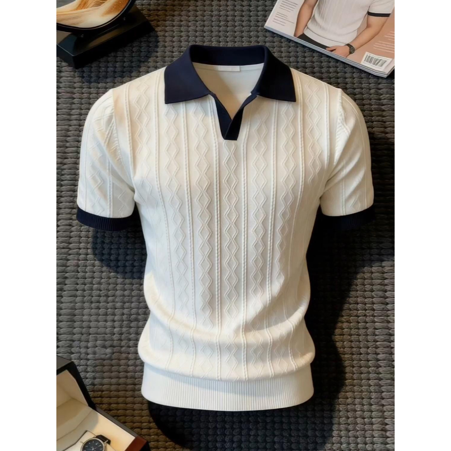 Polo camiseta de punto camiseta de manga corta hombre cuello en V cuello gaviota color de textura vieja camiseta de viento de verano fábrica transfronteriza al por mayor
