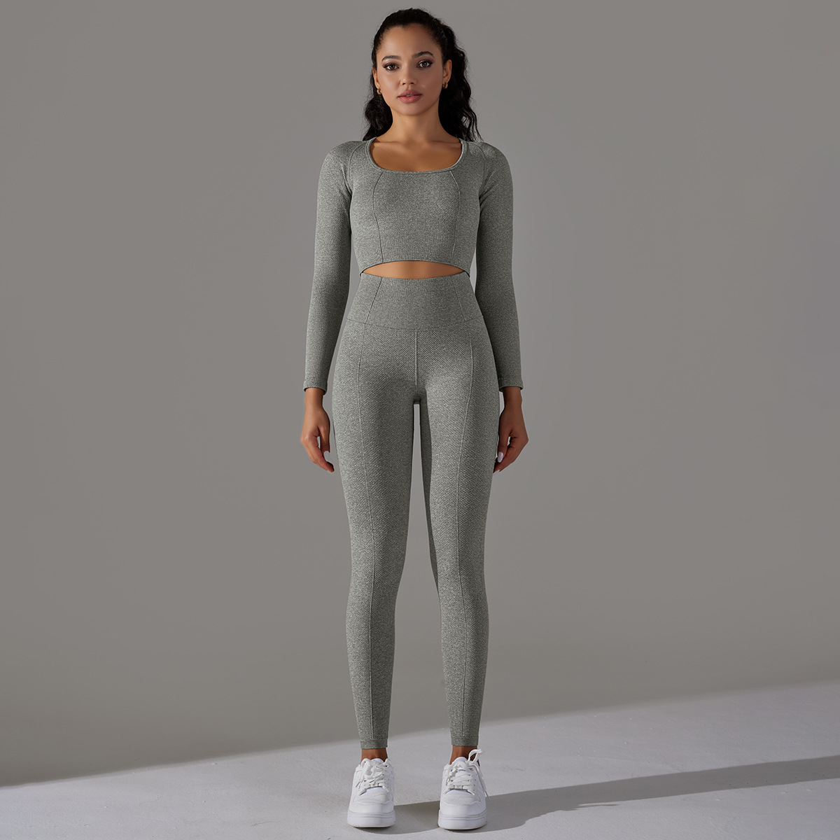 Rochie de yoga Jacquard pentru femei, cu mânecă lungă, talie înaltă, colanți de șold, îmbrăcăminte sport pentru fitness_voghion.com