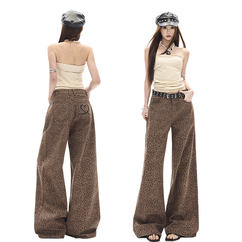 Heart Embroidery Repair Vintage Low-Saturation Leopard Print American High Street Wide-Leg Loose Jeans & Extended Length