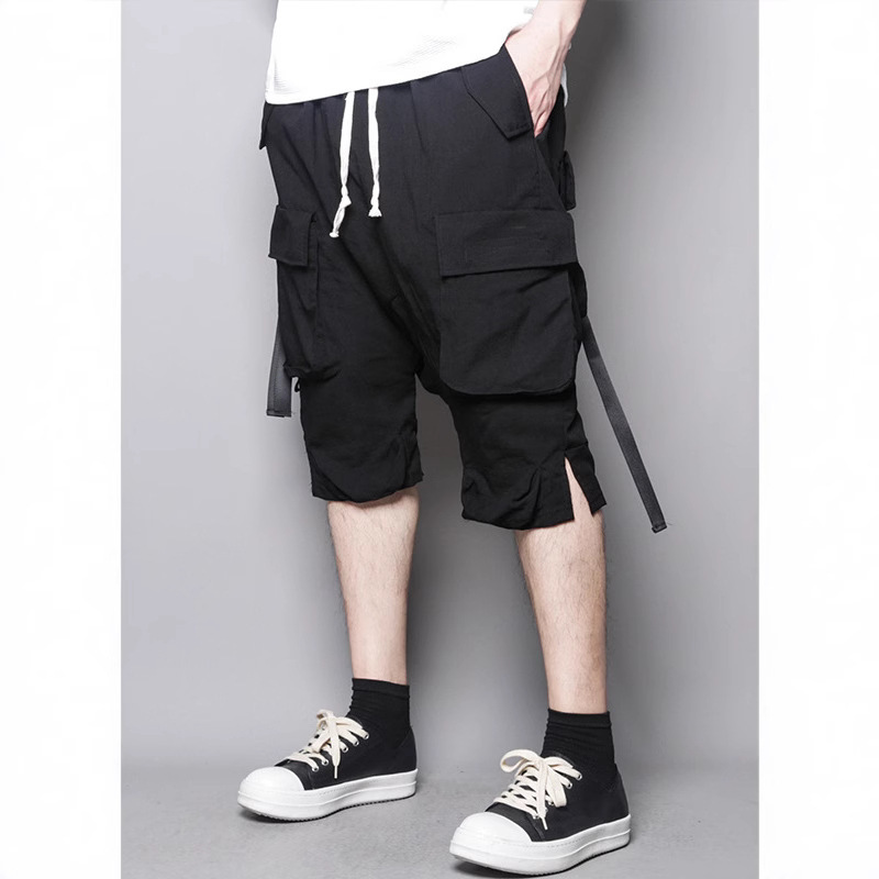 Cross-border Europe and the United States Hot-selling Dark Design Multi-pocket Japanese Loose Ribbon Overalls 7-point Pants Shorts Men's Pants