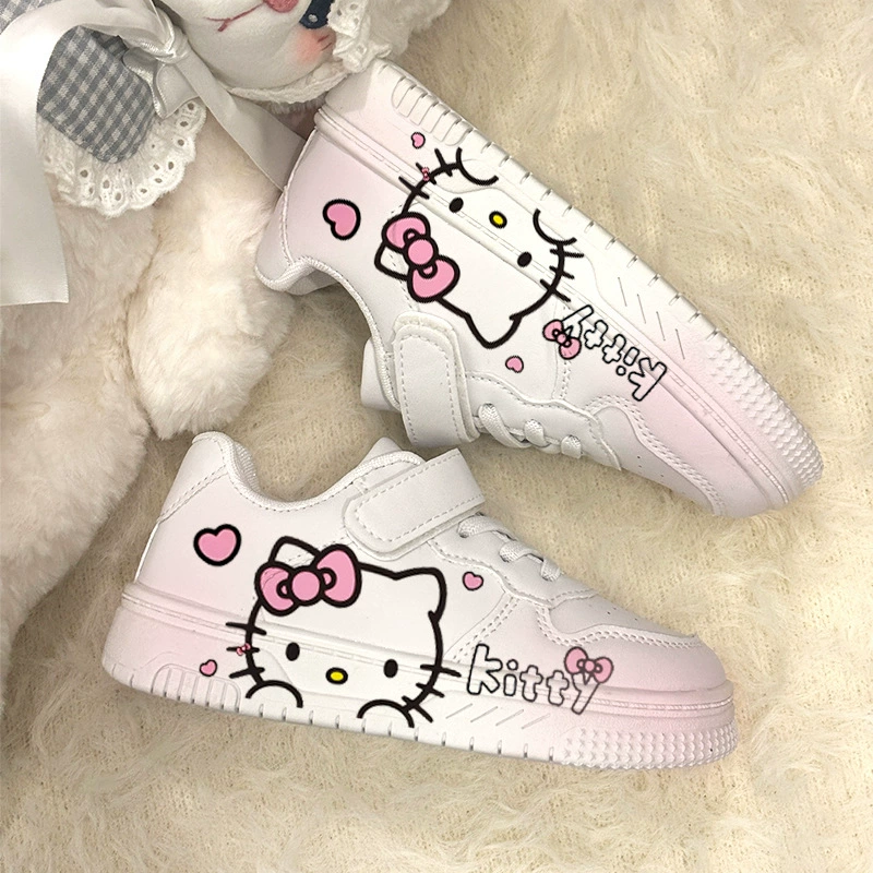 Модная детская обувь совместного бренда Hello Kitty, белые туфли с низким берцем для девочек, универсальные модные кроссовки с героями мультфильмов