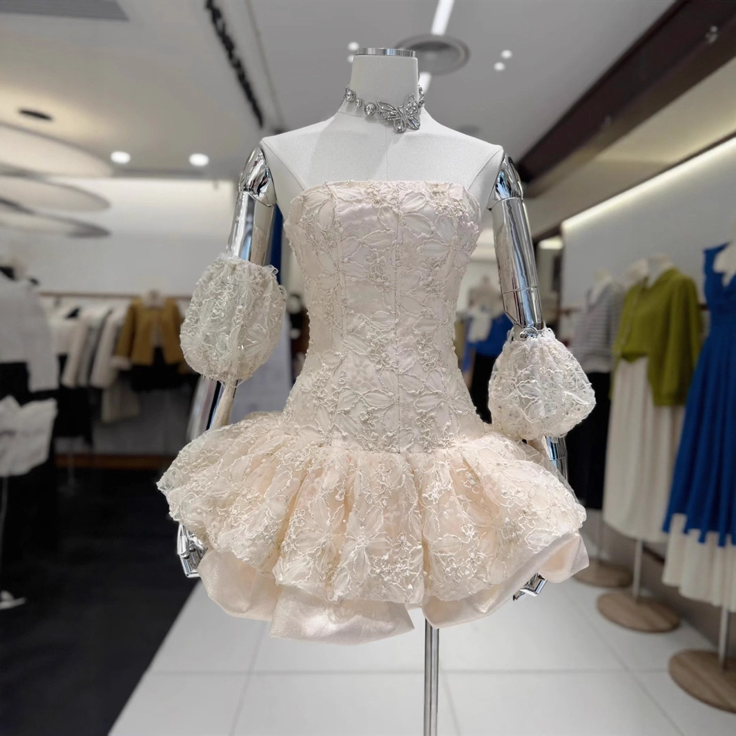 Lace Embroidered Tube Top Dress for Girls Birthday Patry Wear Fashionable High-End Dress Dress 1203