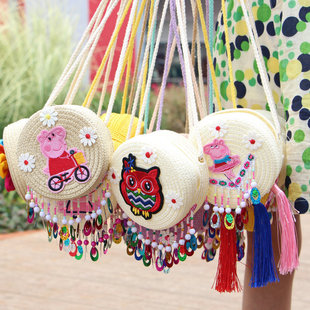 Straw round crossbody bag factory direct batch ethnic style jewelry tassel Peppa Pig embroidered children's shoulder bag