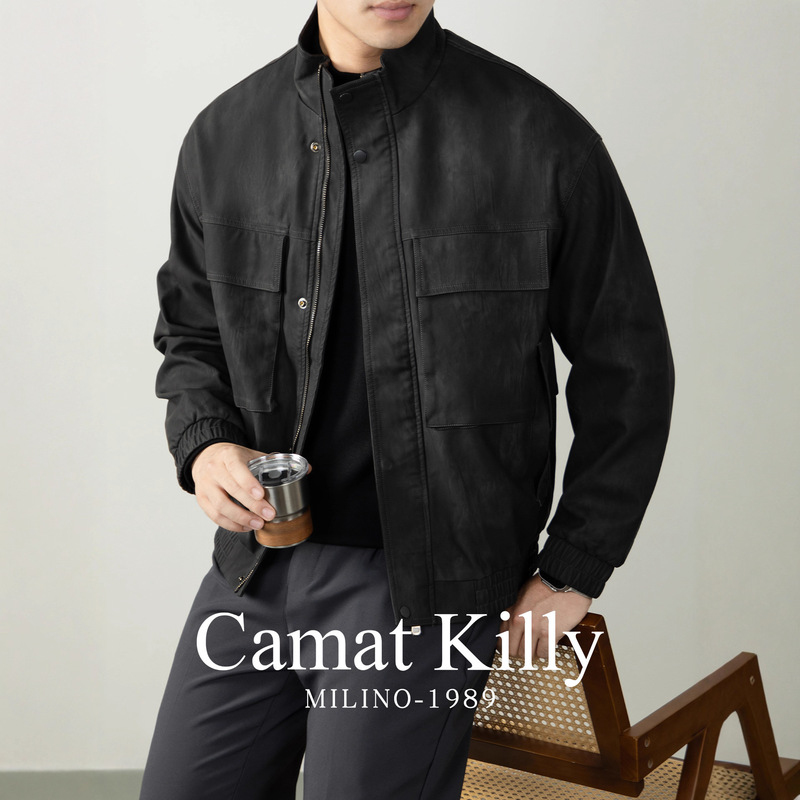 Hardcore Retro Style! Men's Retro Stand Collar Workwear Leather Jacket Oil Wax Metal Style Double Pocket Jacket
