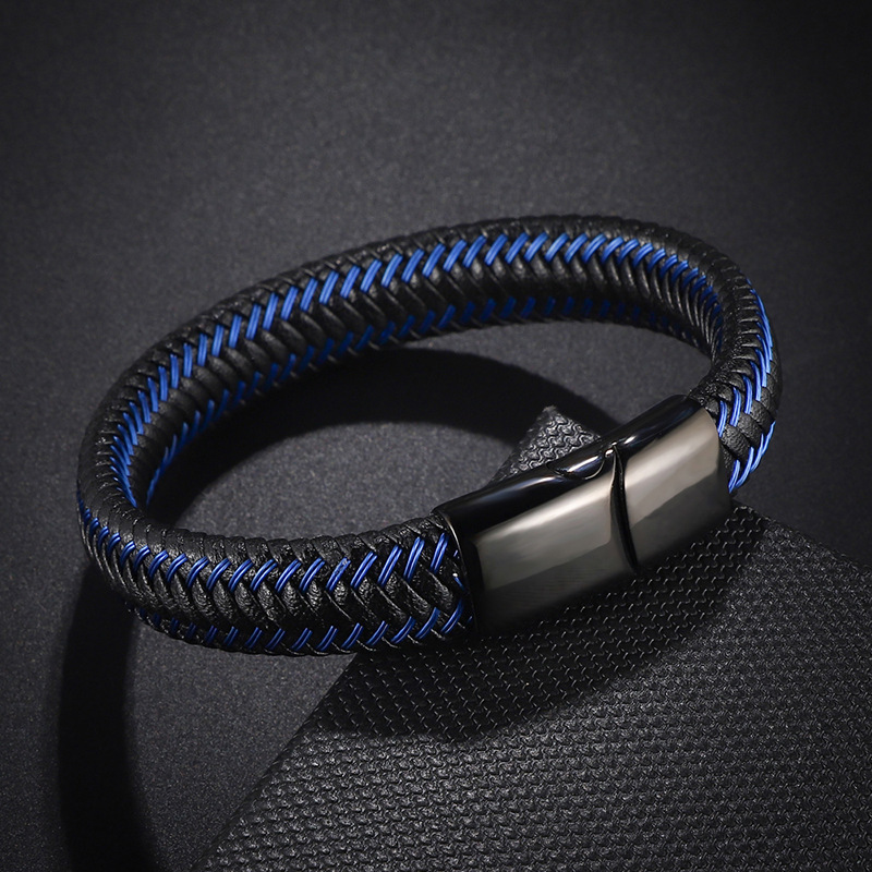Cross-border supply men's stainless steel leather bracelet Simple Men's steel wire woven leather bracelet factory wholesale Cross-border supply men's stainless steel leather bracelet Simple Men's steel wire woven leather bracelet factory wholesale