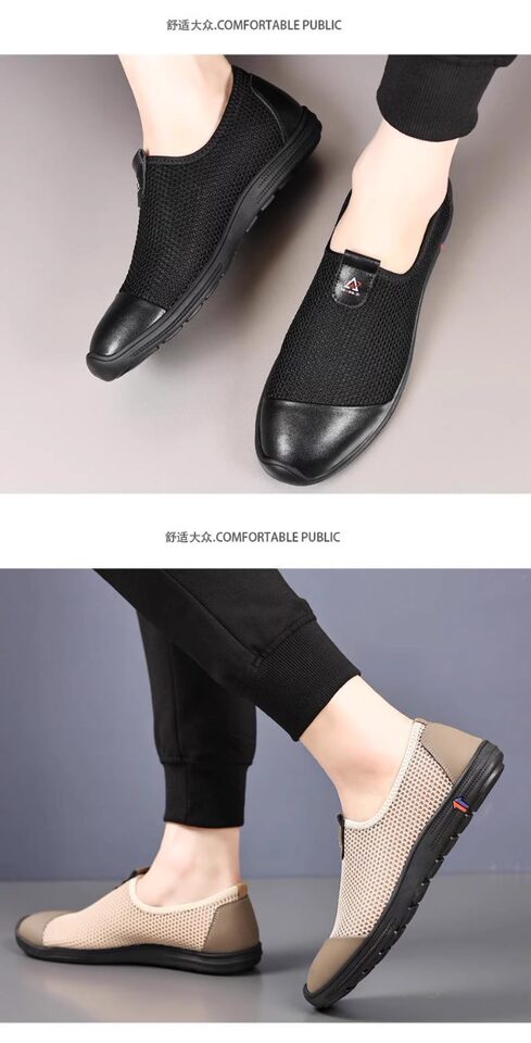 Giày sandal nam lười đế bằng, mũi tròn, thân lưới thoáng khí, phong cách casual — Màu kaki, màu đen chi tiết 17