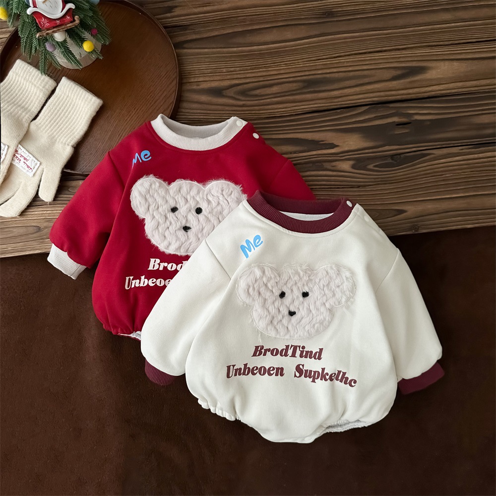 婴儿衣服秋冬三角哈衣宝宝衣服加绒连体衣小熊洋气红色年服包屁衣