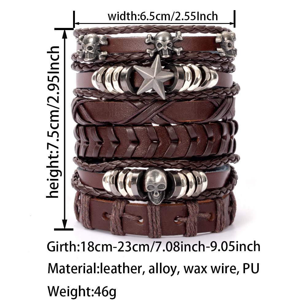 47g Weight Bracelets Classification Pu Leather Chain Material 1 Set Quantity Holiday, Daily Occasion Pu Leather Material Halloween Festival Star, Solid Color, Skull Pattern Men's Gender Layered, Braid Design Casual, Retro Style Casual Retro Star Solid Color Skull Pu Leather Layered Braid Halloween Men's Bracelets Men Cord & Leather Bracelets 6