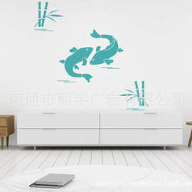 时尚双鱼戏水 竹子植物图案 自粘可移除PVC墙贴贴纸门 贴量大价优