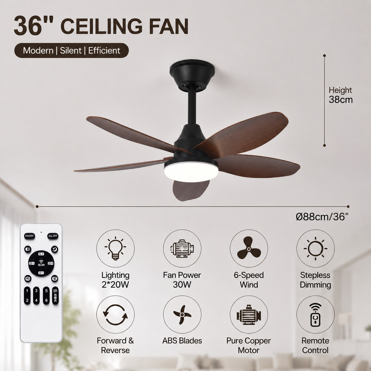 Ventilador de Techo con Luz de ABS y PC, con Control Remoto, Motor DC, para Sala de Estar y Comedor