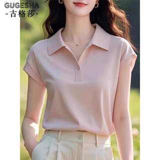 温柔风气质时尚减龄polo领绣花短袖T恤女2025夏季新款简约风上衣