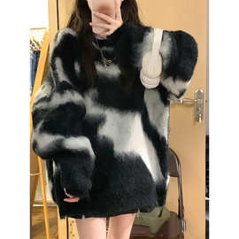 2025年新款上衣春秋季黑白毛衣女秋冬复古慵懒风设计感小众小个子