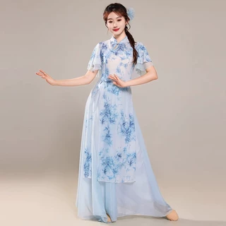 新款茶艺古典舞新中式旗袍纱衣飘逸裤裙中国舞民族舞蹈演出练功服