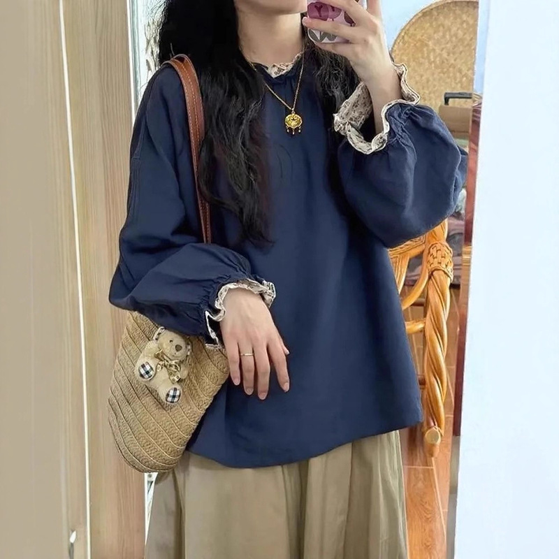 Cute Navy Blue Age-Reducing Lace Shirt Long-Sleeved Petite Loose Slimming Look Ins Retro Versatile Shirt Top
