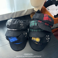 格纹补丁亚文化复古小众猫耳千禧辣妹八角帽子女款朋克贝雷帽新款