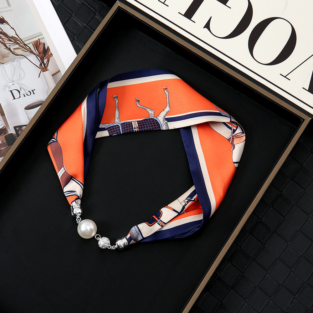 Pañuelo de seda con hebilla magnética de diamantes con incrustaciones de perlas collar mujer retro todo fósforo moda bufanda fina hebilla autocebante babero al por mayor