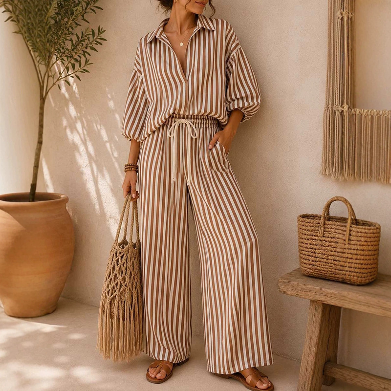 2026 European and American Women's Clothing Amazon Summer New Fashion Striped Women's Long-Sleeve Shirt and Loose Pants Two-Piece Set 2026 European and American Women's Clothing Amazon Summer New Fashion Striped Women's Long-Sleeve Shirt and Loose Pants Two-Piece Set