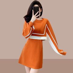 欧货拼接撞色卫衣连衣裙女2025秋冬季新款收腰显瘦假两件裙子