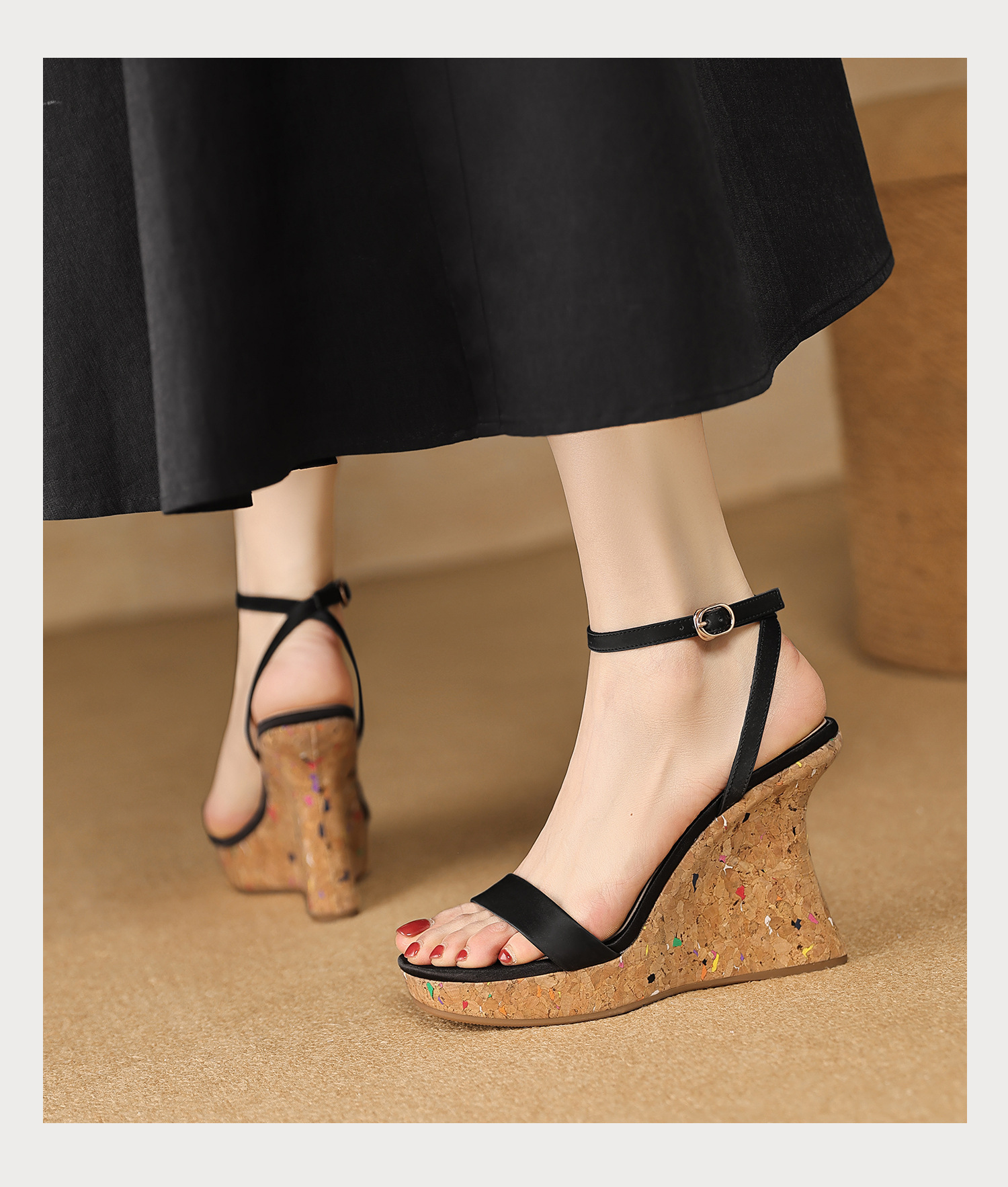 Sandal cao gót nữ quai ngang hở mũi đế xuồng gót 9 cm — màu đen, bạc chi tiết 12