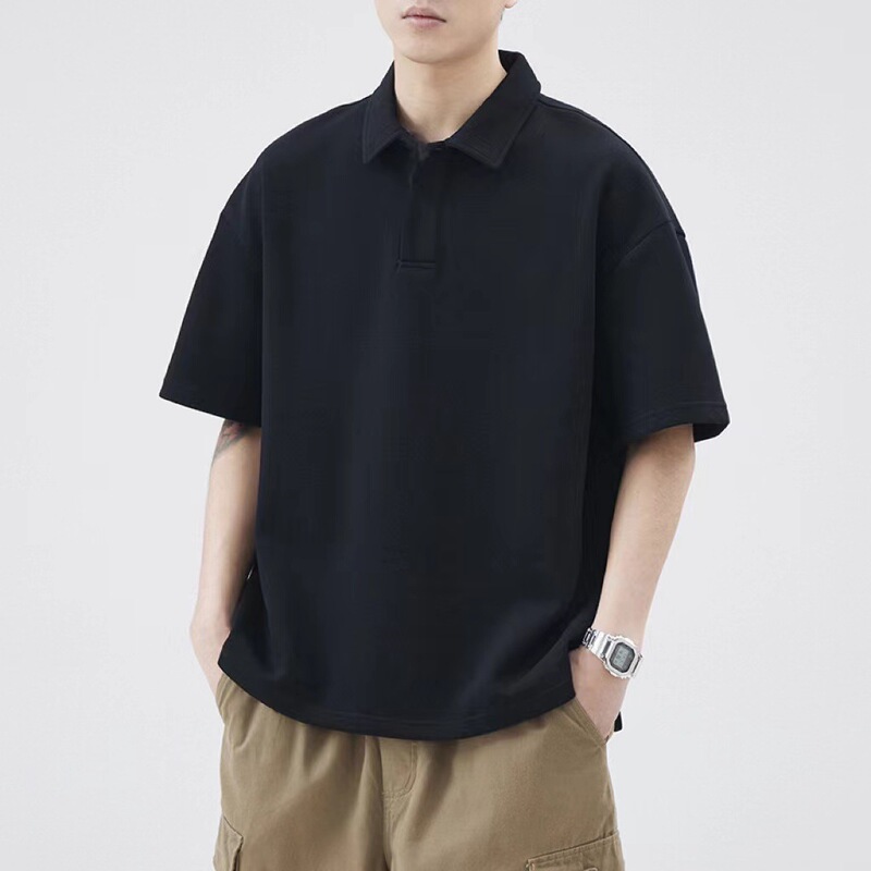 Waffle Lapel Short Sleeve Polo Shirt Summer Men's Loose Casual Solid Color T-Shirt Top Shirt Half Sleeve Shirt