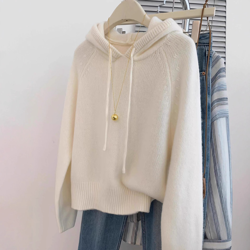 Double-Strand Thickeneded 100% Pure Wool Hoodie for Women 25 Autumn and Winter New Casual Loose Knitted Bottoming Cashmere Sweater