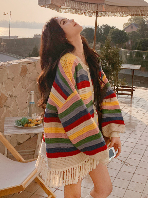 宽松慵懒多巴胺彩色流苏毛衣针织开衫女秋新款小个子甜美减龄外套|undefined