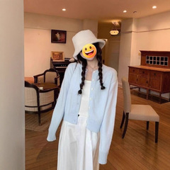 HUOTONG浅蓝色针织衫2025蓝色新款温柔短款春季针织上衣女开衫
