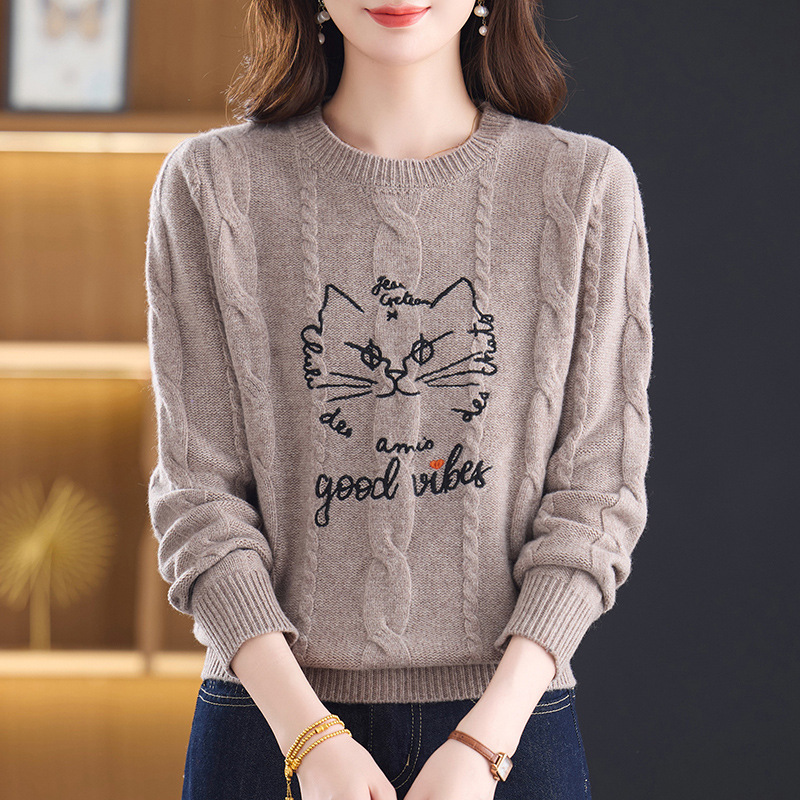 高品质软糯慵懒风字母提花100%羊毛毛衣女设计感加厚羊毛衫上衣，女装针织衫/毛衣，妃慕昵服饰