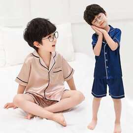 童装男童小男孩薄款冰春短袖家居服丝质儿童睡衣套装宝宝丝绸夏季