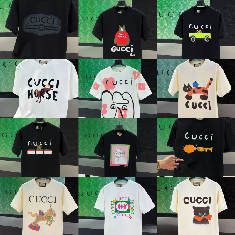 Cross-Border Foreign Trade In-Stock High-Weight g Brand Printed New Gucci Short-Sleeve High-Quality Summer Cartoon Gucci T-Shirt