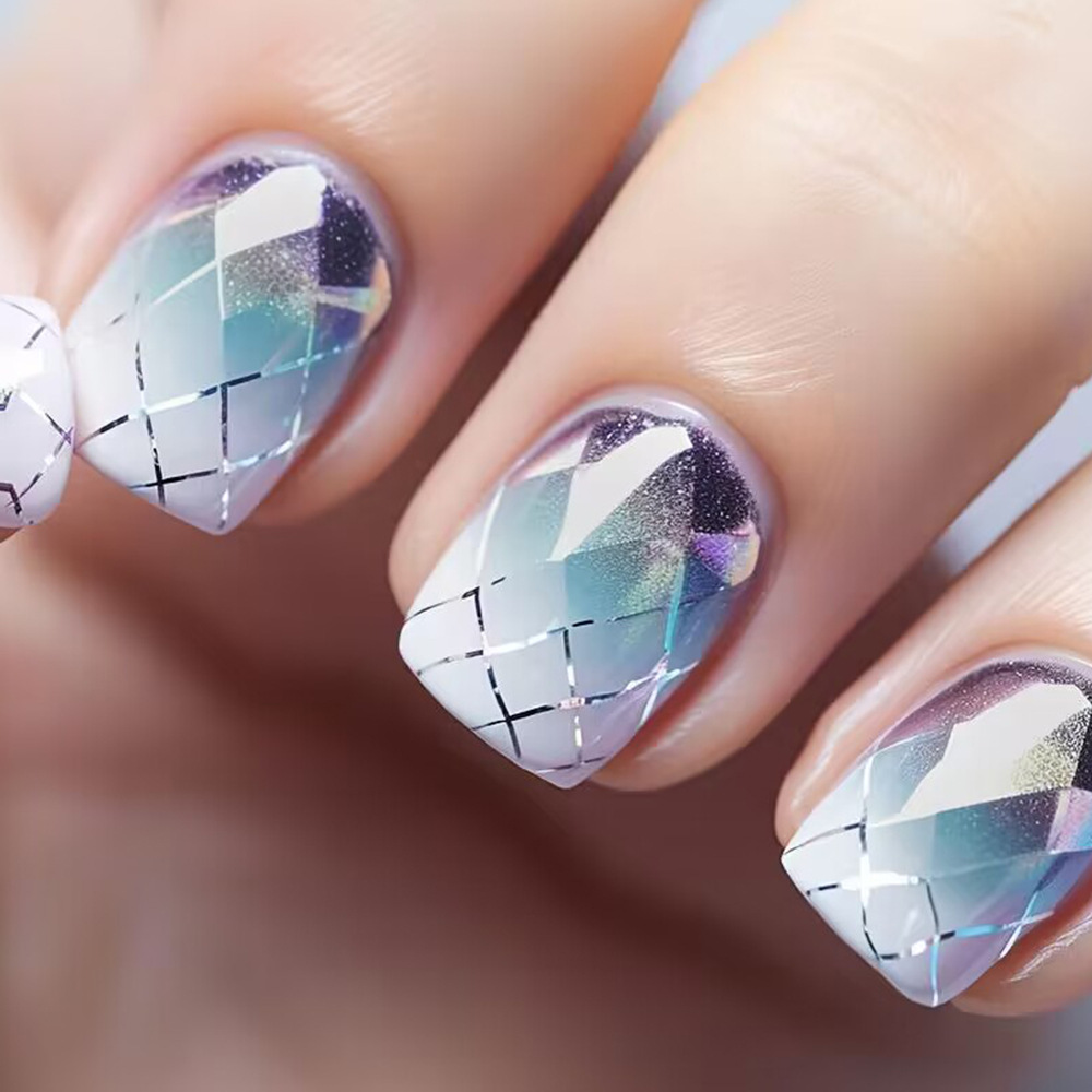 Europa y América Gradiente Diamante Grid Use Uña Hielo Laser Aurora Sense Uña Parche de Línea Geométrica de Color Fantástico