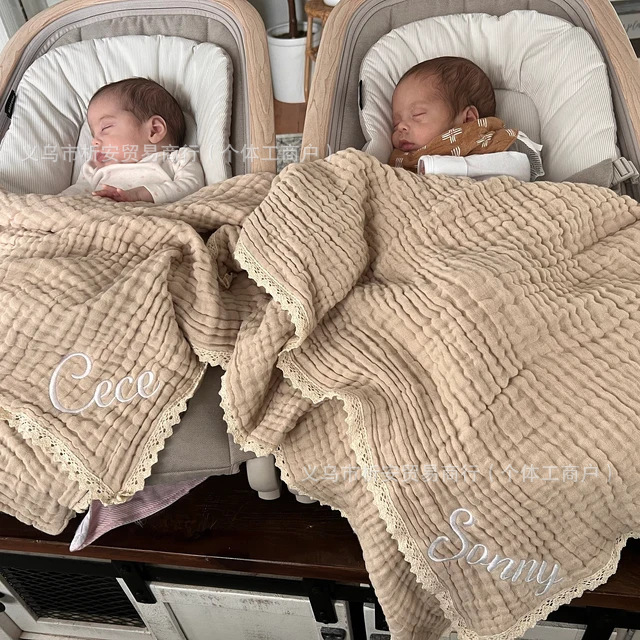 Etsy Cross Border Hot Selling Personalized Baby Six Layer Gauze Cotton Lace Blanket Swaddling Towel Baby Cart Cover