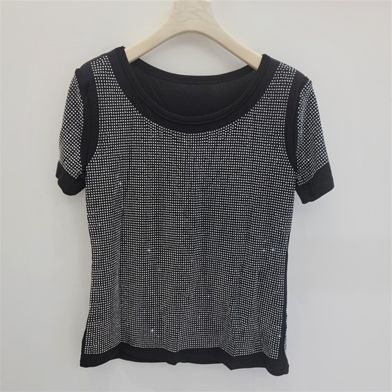 2026 verano lleno de diamantes brillante camiseta de base de mangas cortas de alta elasticidad camiseta de moda delgada ropa de mujer image 6