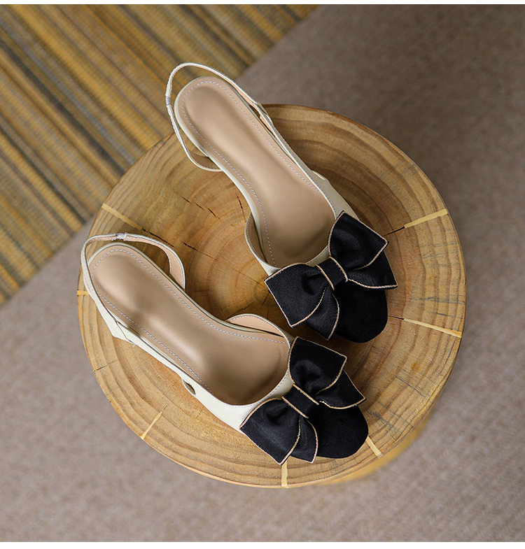 Sandal nữ bít mũi đế bệt phong cách cổ điển nơ phối màu — Màu đen chi tiết 17