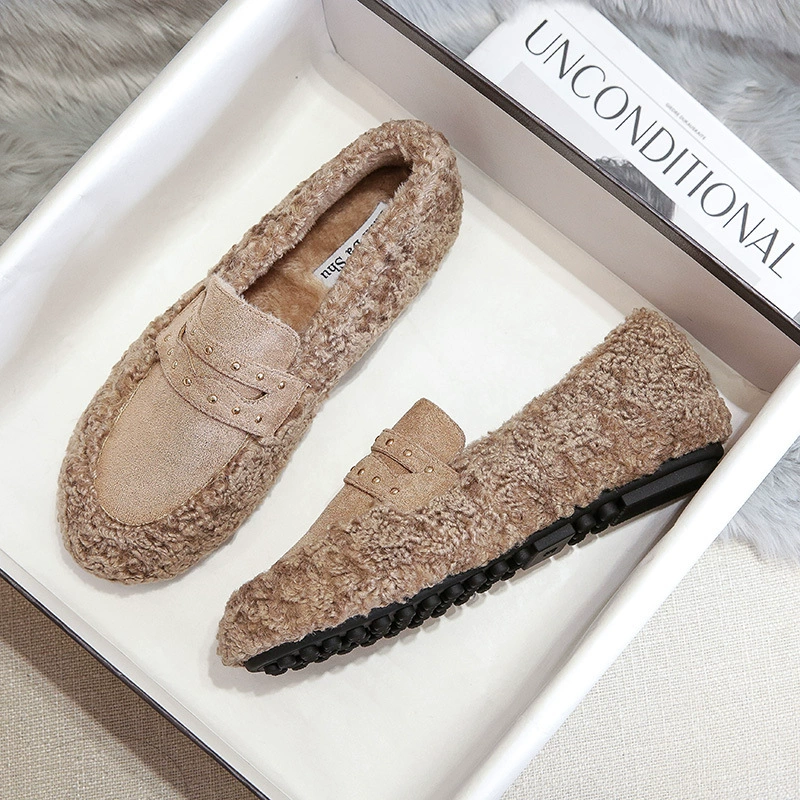 Ботинки из овечьей шерсти, Женская осенне-зимняя одежда на толстой подошве без шнуровки на флисовой подкладке. Хлопковые туфли-лодочки больших размеров женская обувь 41-43