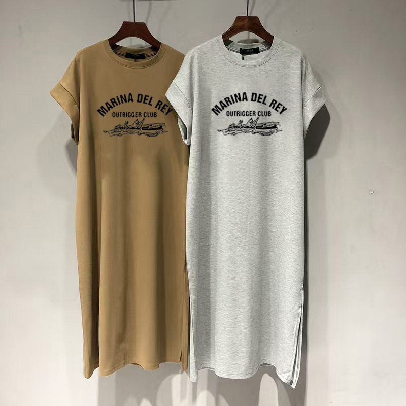 2025 New Flying Sleeve Split Cotton dress Long Dress Summer Short Sleeve T-Shirt Dress Women's Loose plus size Dress