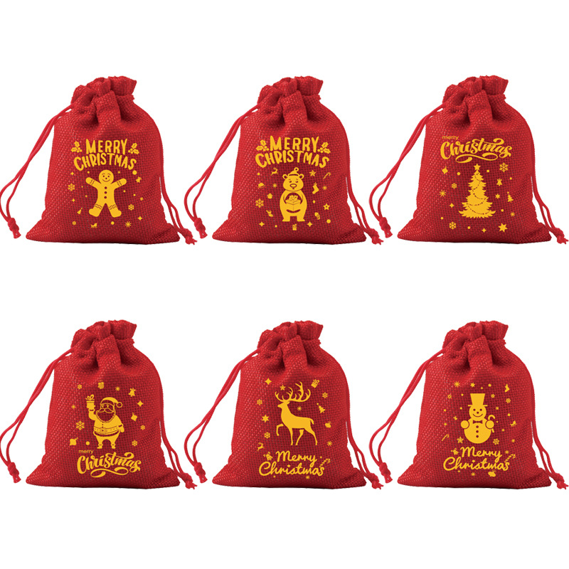 跨境直供圣诞节礼物包装袋大红仿麻圣诞老人礼品袋圣诞糖果束口袋