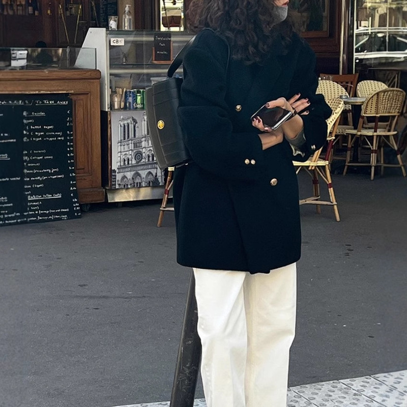 预售黑色羊毛西装外套女2025春秋款韩版气质翻领双排扣羊绒大衣|undefined