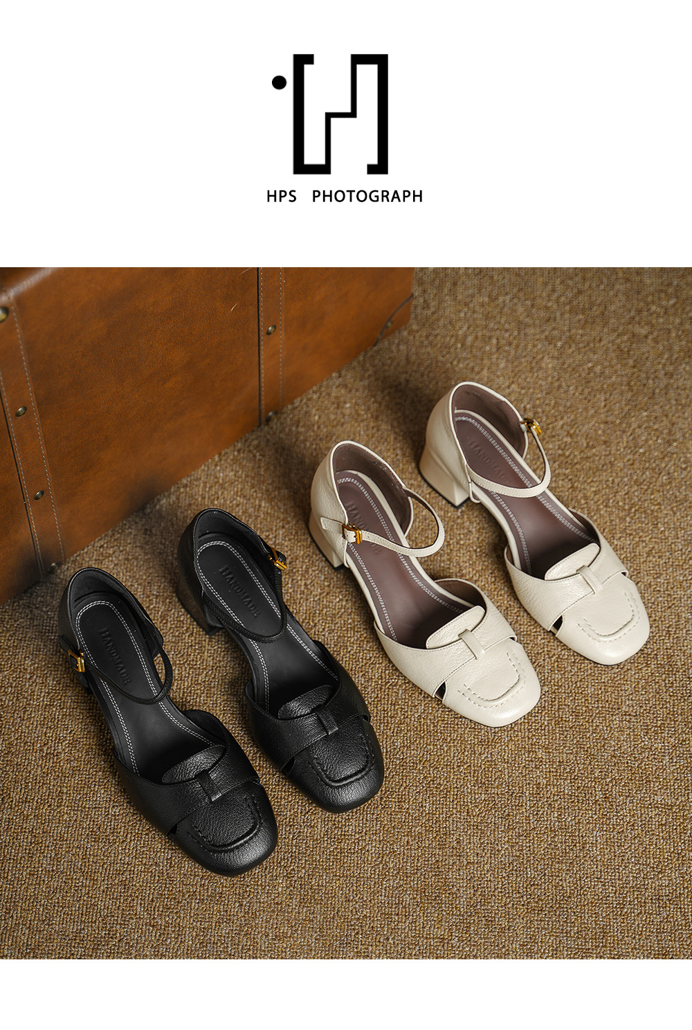 Sandal nữ da dê chạm trổ hoa văn, gót vuông 4,5 cm, mũi vuông hở mũi — đen chi tiết 12